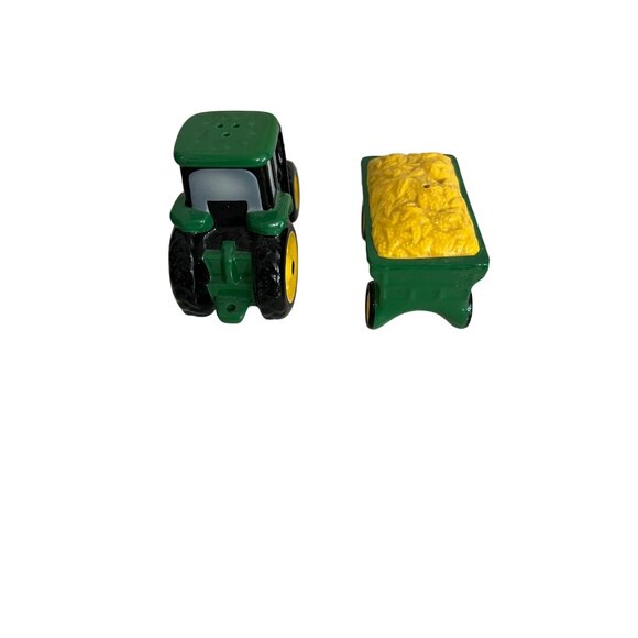 John Deere Tractor & Trailer Salt & Pepper Shakers 1998 Green & Yellow Ceramic F - Picture 3 of 8
